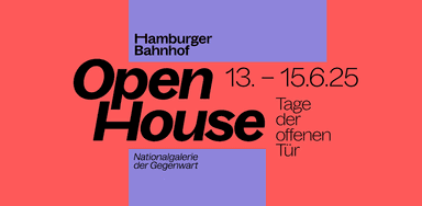 Affiche rouge et violette indiquant les horaires et informations principales des journées portes ouvertes à la Hamburger Bahnhof